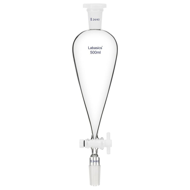Labasics 500 ml Conical Pear-Shaped Separatory Funnel with PTFE Stopcock, Heavy Wall Borosilicate Glass with 24/40 Joints - Image 1